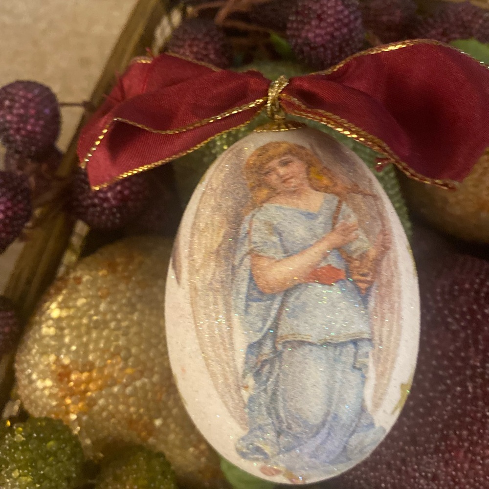 Egg shell magic glitter Angel Ornament with Red Ribbon